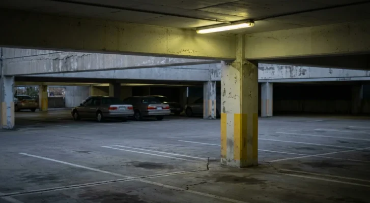 dimly lit multi-level parking garage with concrete columns and parked vehicles