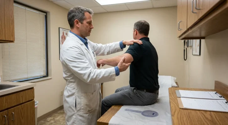 physician in lab coat examining seated patient's shoulder and arm in medical exam room