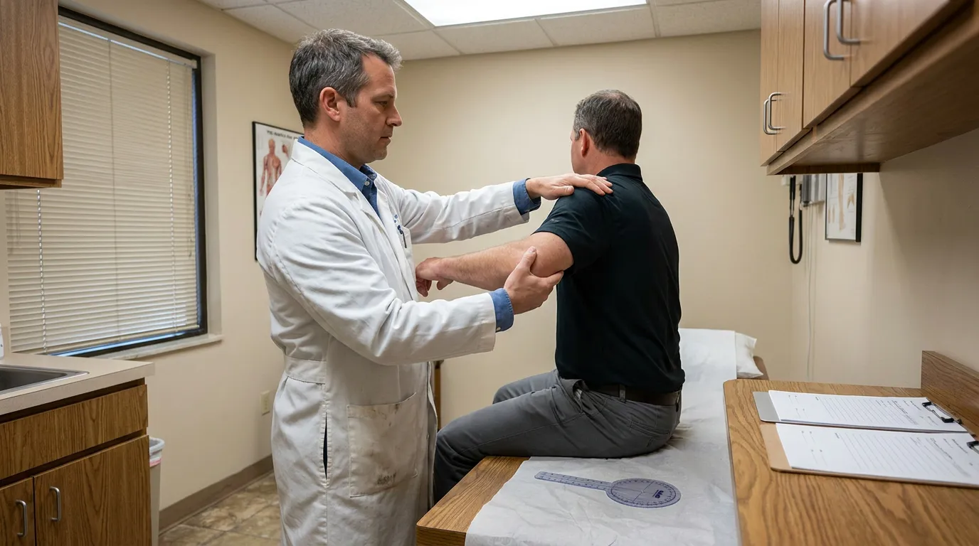 physician in lab coat examining seated patient's shoulder and arm in medical exam room