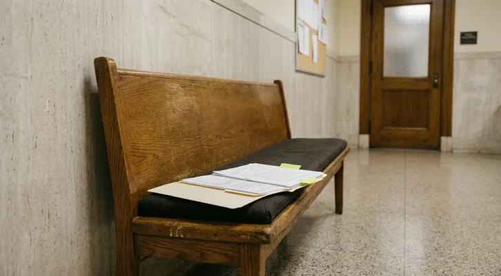 legal documents with sticky notes resting on wooden courthouse hallway bench