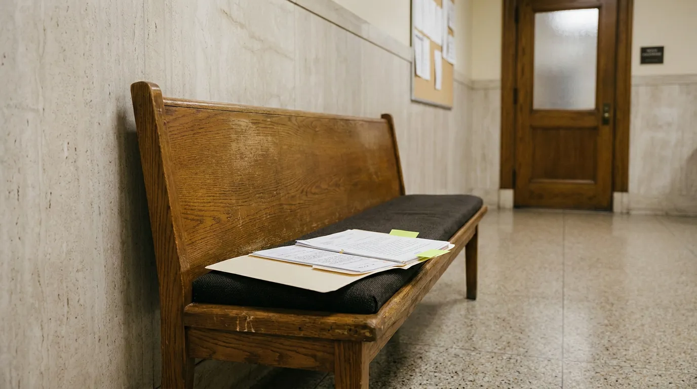 legal documents with sticky notes resting on wooden courthouse hallway bench