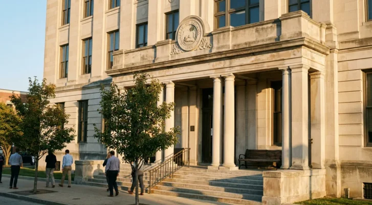 State of Indiana courthouse exterior with columns, seal, and people walking outside