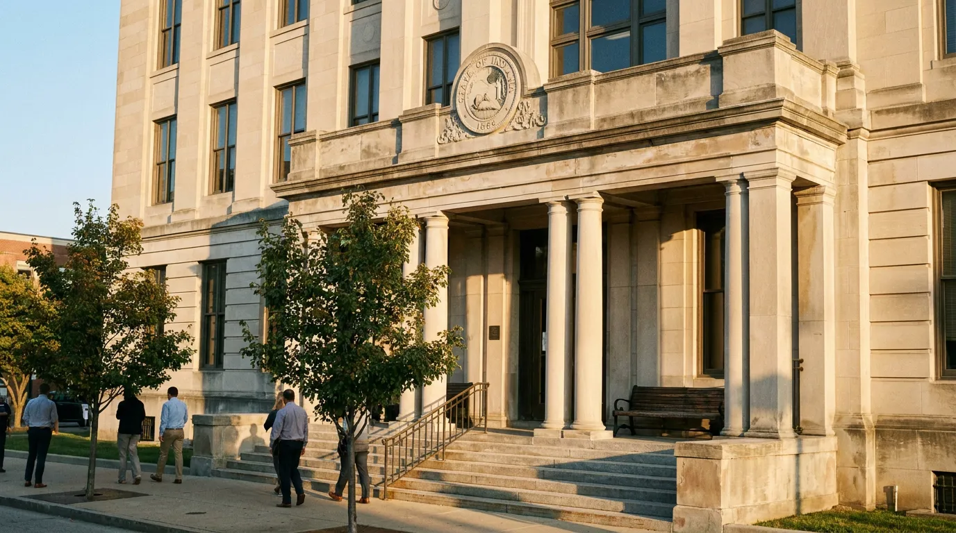 State of Indiana courthouse exterior with columns, seal, and people walking outside