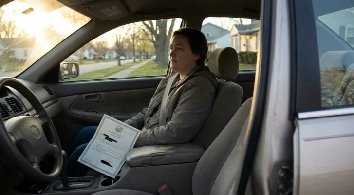 woman seated in parked car holding official legal document with redacted text