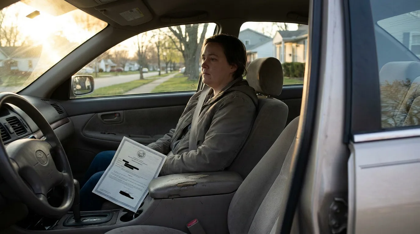 woman seated in parked car holding official legal document with redacted text