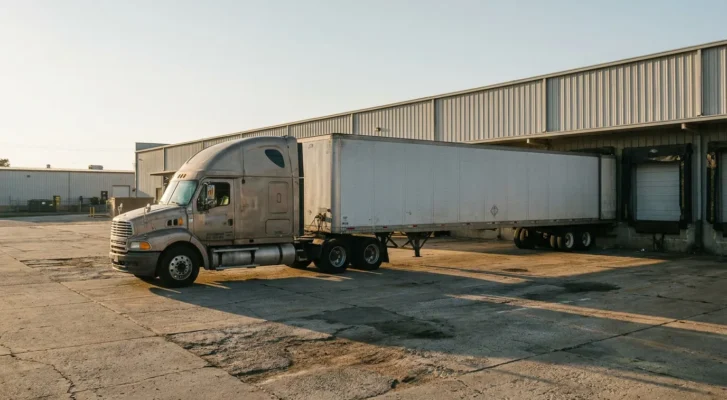 semi-truck with large trailer backed into commercial warehouse loading dock