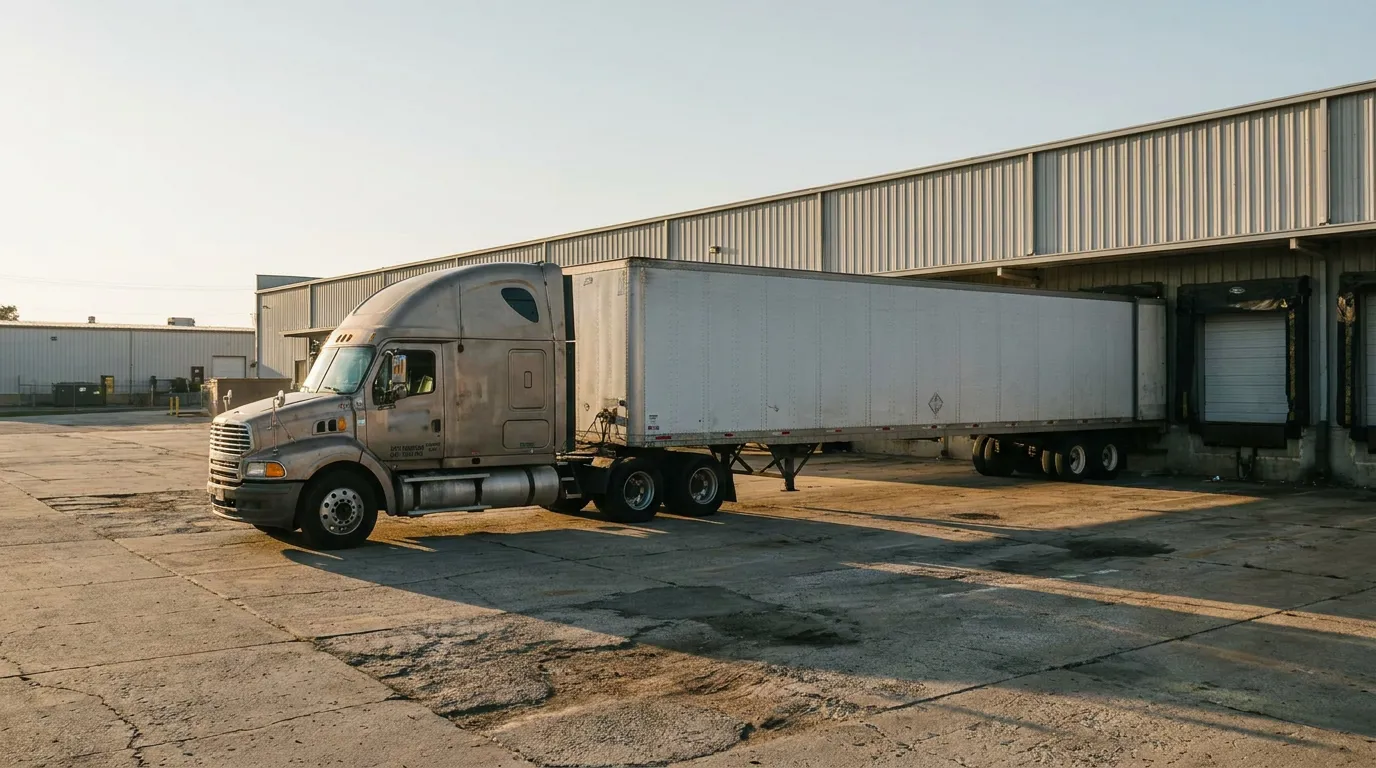 semi-truck with large trailer backed into commercial warehouse loading dock