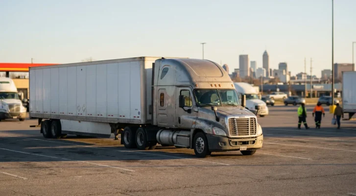 semi-truck with large trailer parked at commercial truck stop near city skyline