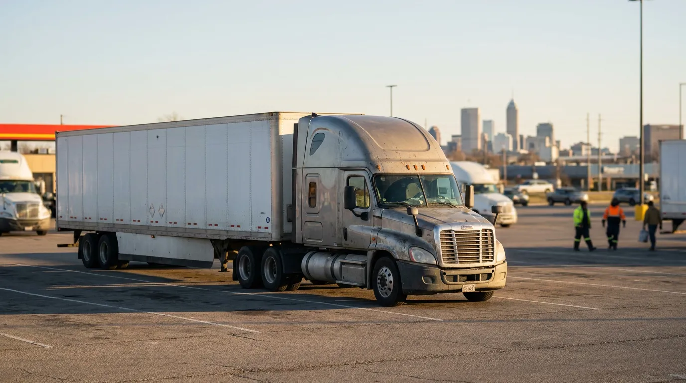 semi-truck with large trailer parked at commercial truck stop near city skyline