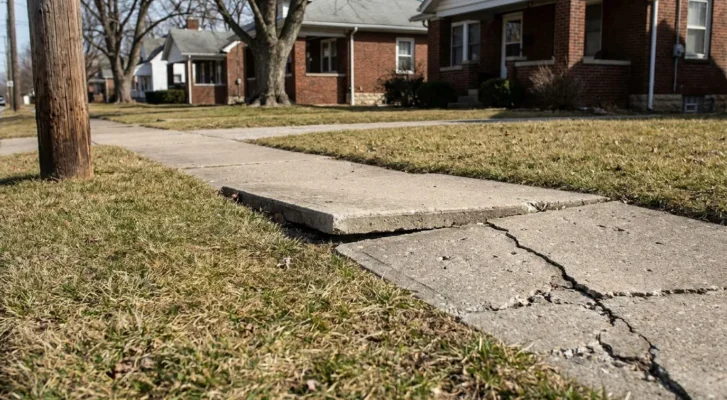 cracked and uneven concrete sidewalk slab uplifted near residential homes
