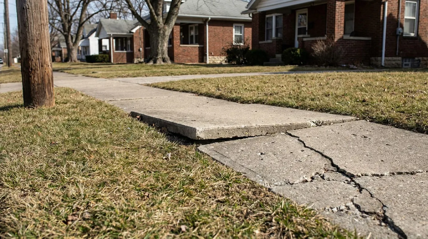 cracked and uneven concrete sidewalk slab uplifted near residential homes