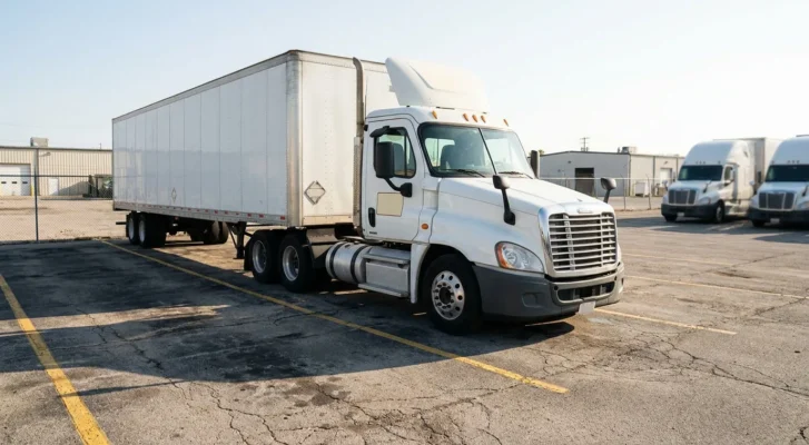 semi-truck with large cargo trailer parked in commercial trucking facility lot