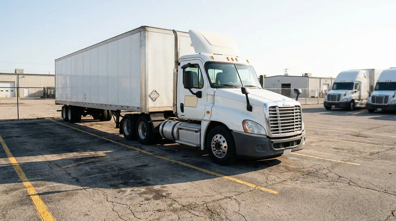 semi-truck with large cargo trailer parked in commercial trucking facility lot
