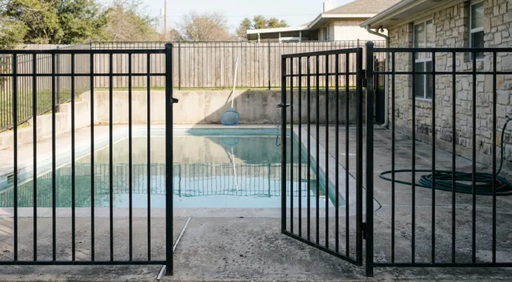 open metal gate in iron pool fence surrounding residential swimming pool