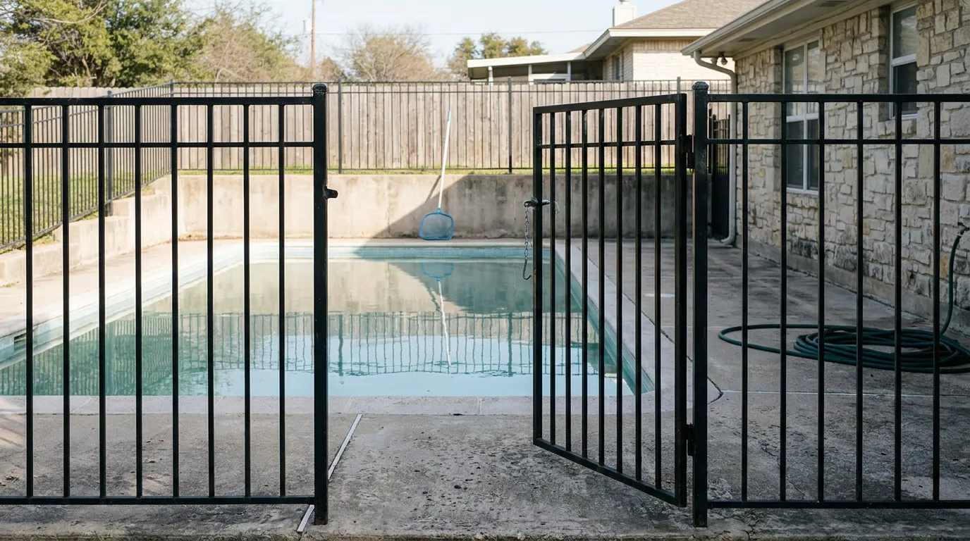 open metal gate in iron pool fence surrounding residential swimming pool
