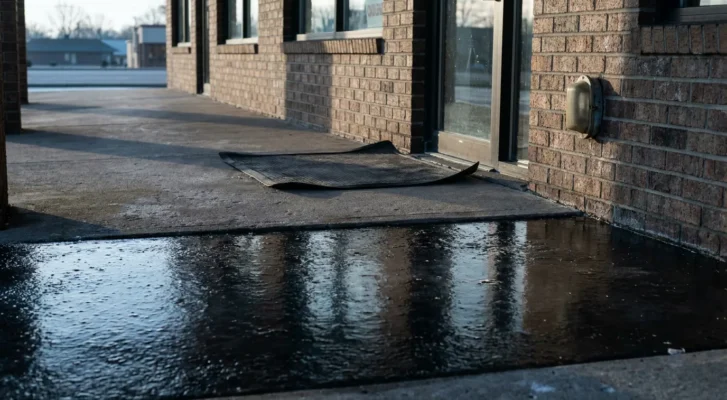 curled floor mat on wet concrete sidewalk outside brick commercial building