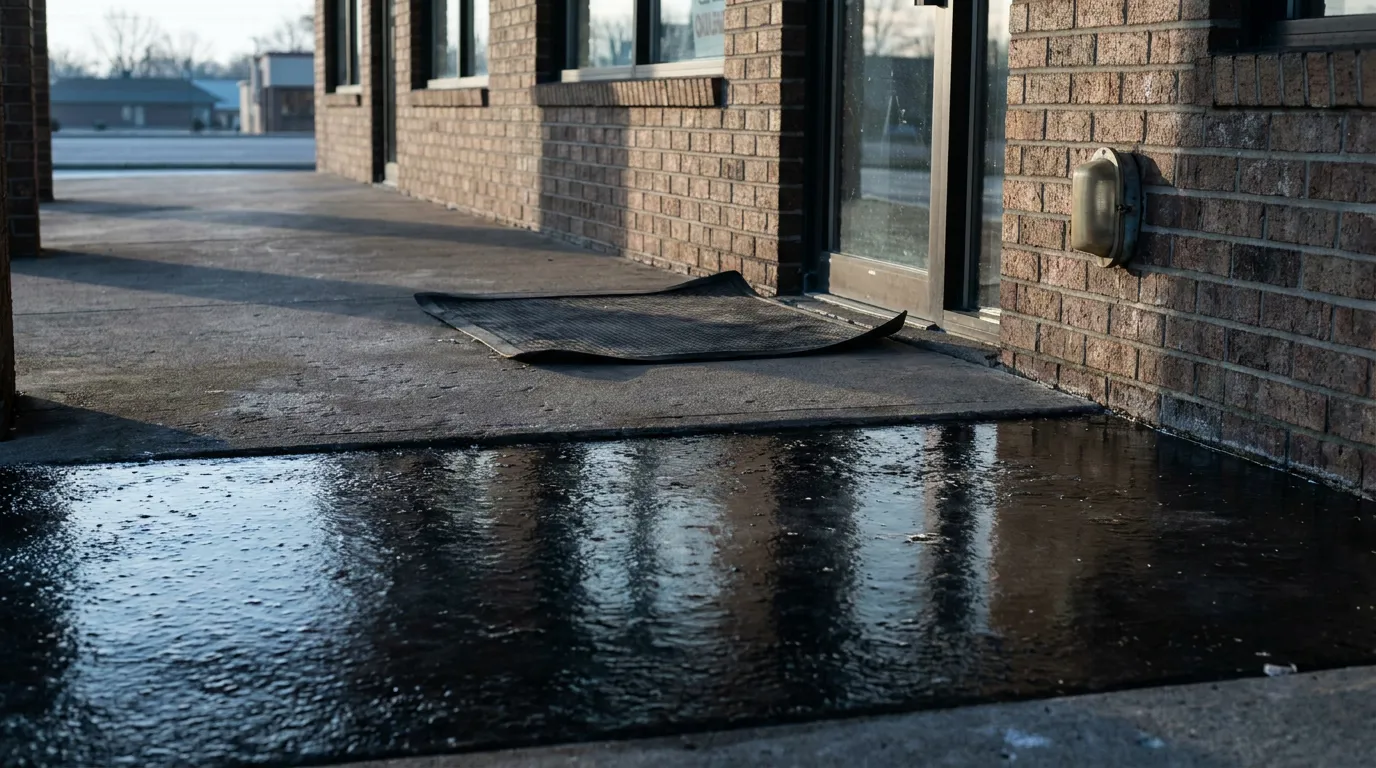 curled floor mat on wet concrete sidewalk outside brick commercial building
